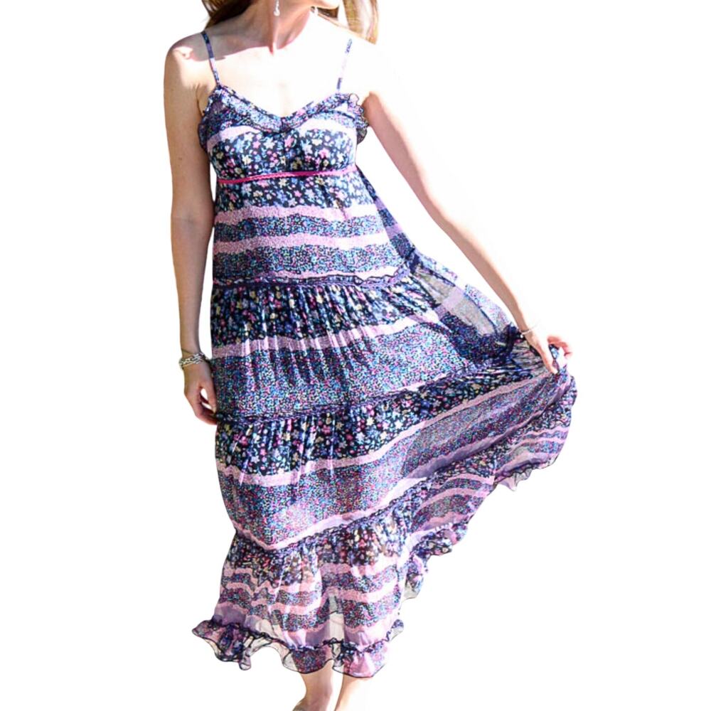 Patrons of Peace Sz S Floral Maxi Dress Smocked Tiered Boho Cottage Mix Media
